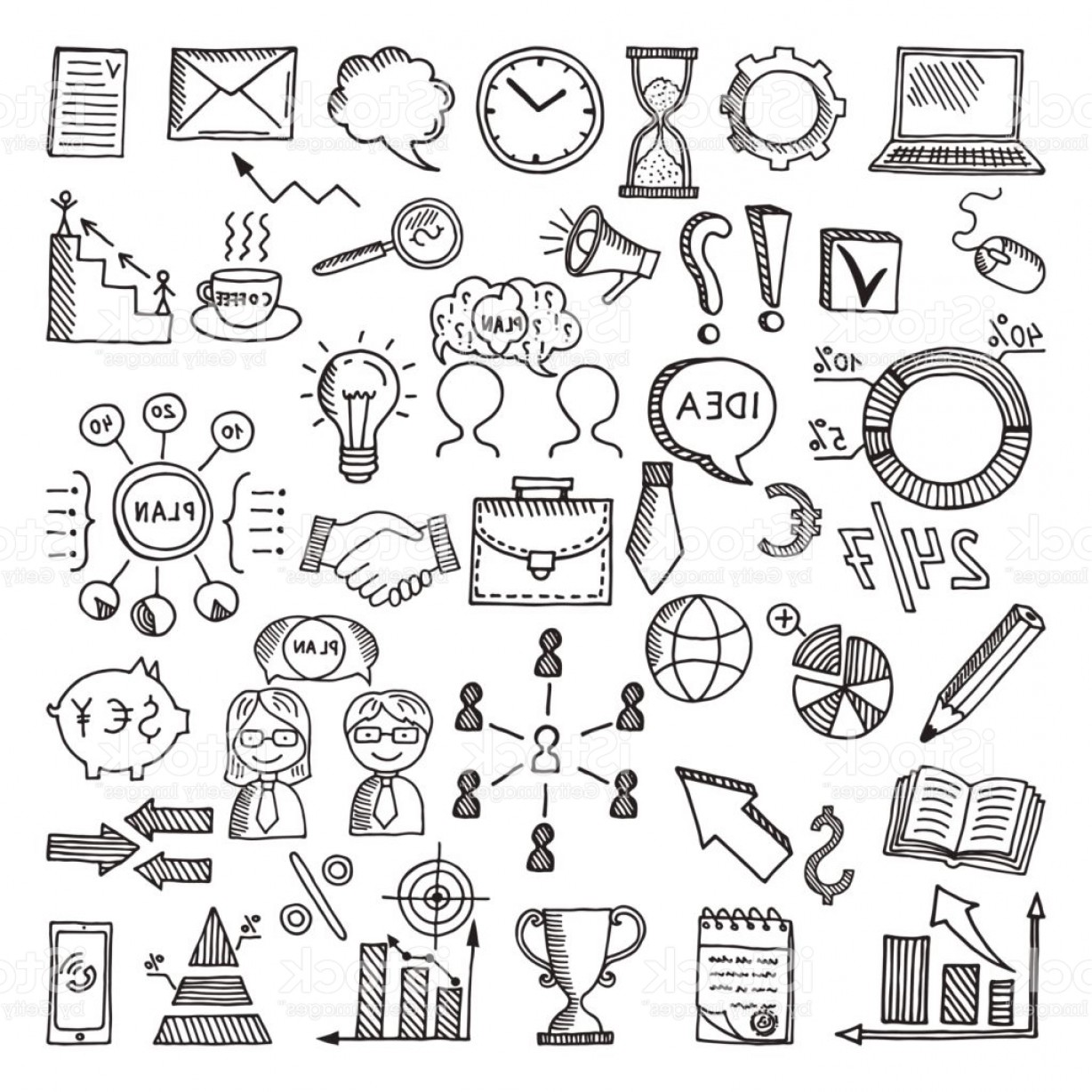 1228x1228 Hand Drawn Business Icon Set Vector Doodles Illustrations Isolate