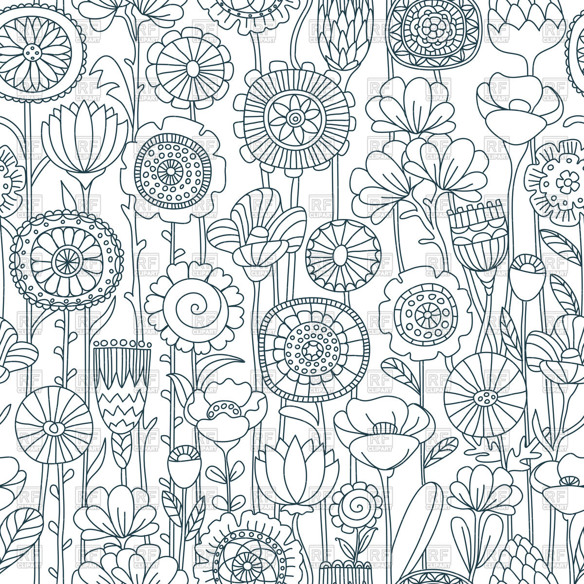 1200x1200 Seamless Grey Background Of Wildflowers Doodles Vector Image
