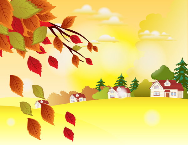 600x463 Autumn Landscape Vector Illustration With Homes And Trees Free