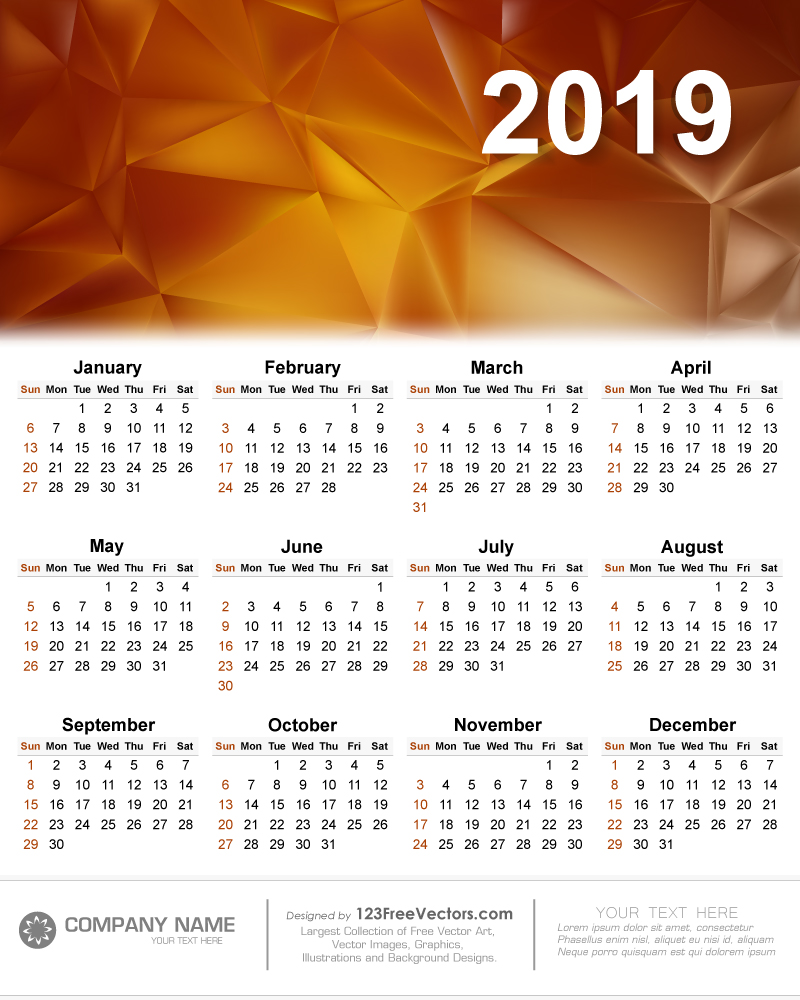 800x1000 Calendar 2019 Free Vector Illustrator By 123freevectors