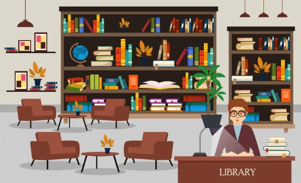 600x366 Library Drawing Bookshelves Librarian Chairs Icons Free Vector In