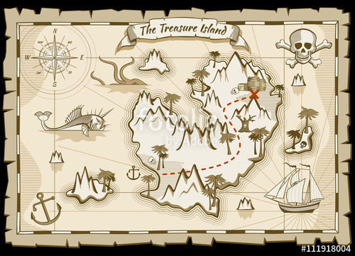 500x361 Treasure Pirate Hand Drawn Vector Map. Pirate Map With Ship And