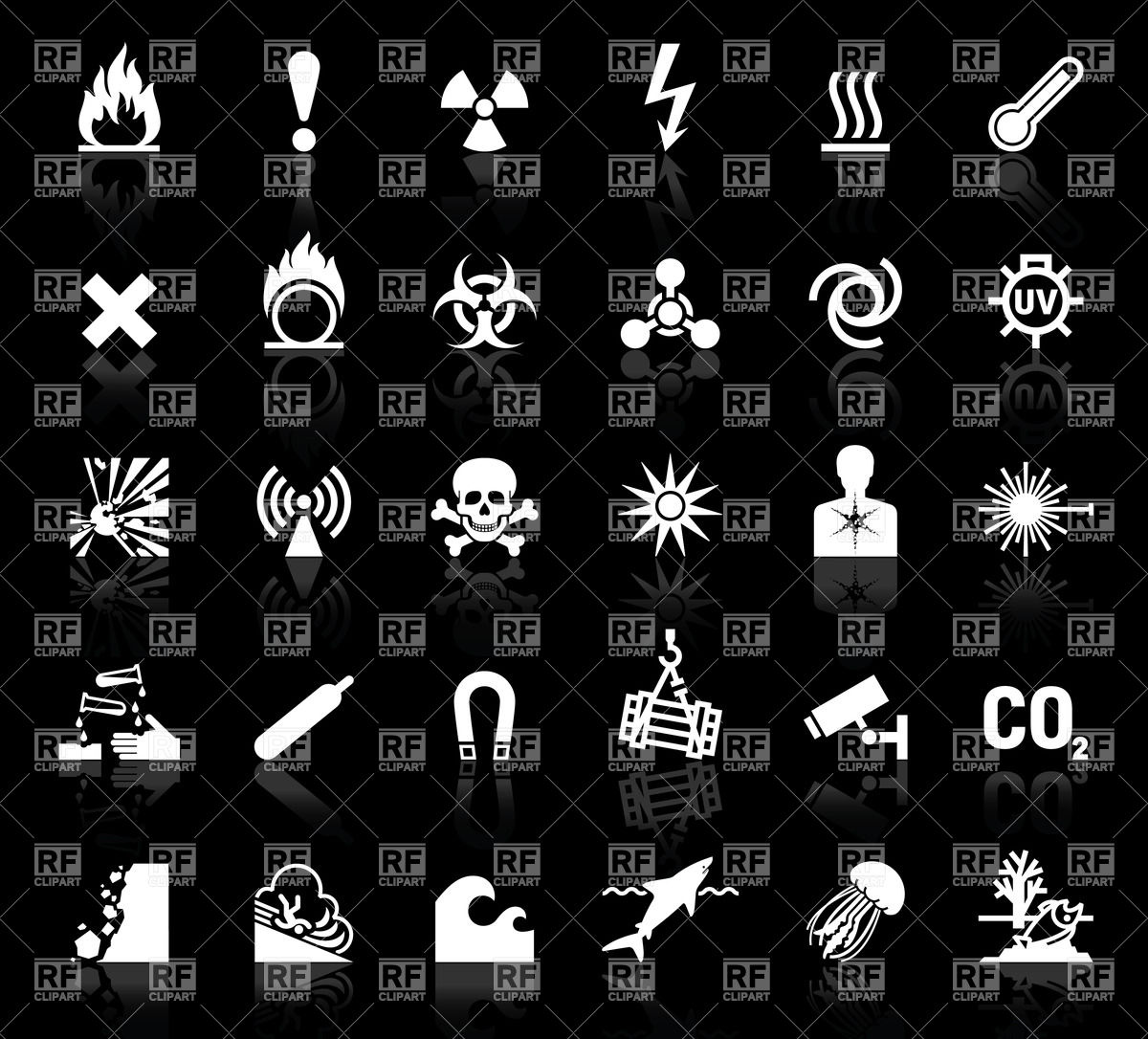 1200x1086 Danger Symbols Icons On Black Background Vector Image Vector