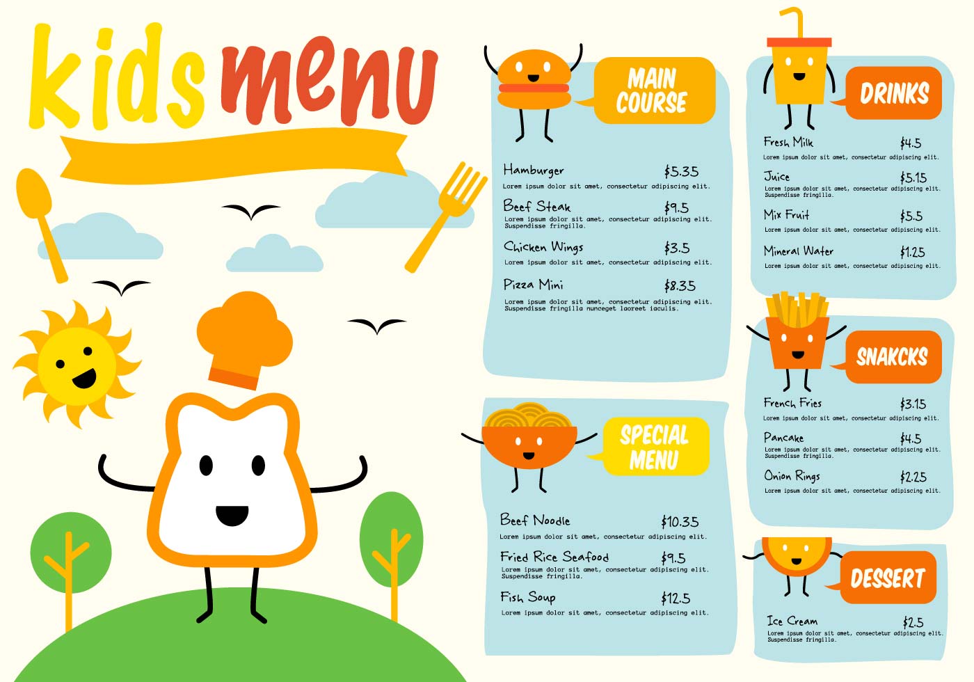 1400x980 Free Template Kids Menu Vector