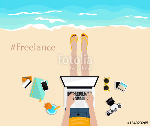 500x421 Freelance. Girl Laying On The Beach And Typing On Laptop. Top View