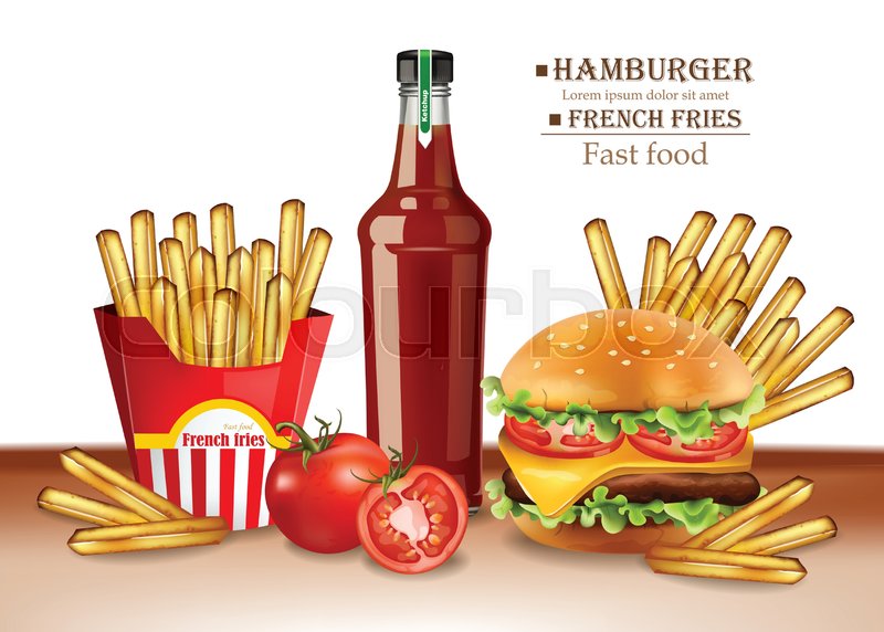 800x572 Fast Food Menu Burger And French Fries Vector Realistic. 3d