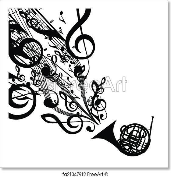 561x581 Free Art Print Of Vector Silhouette Of French Horn With Musical