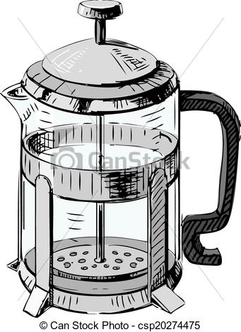 341x470 French Press Tea Pot. Hand Drawing Sketch Vector Illustration.