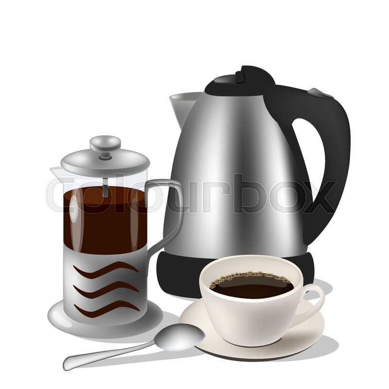 800x800 Vector Illustration Of Coffe Set. Kettle, French Press And Cup