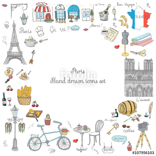 500x500 Set Of Hand Drawn French Icons, Paris Sketch Vector Illustration