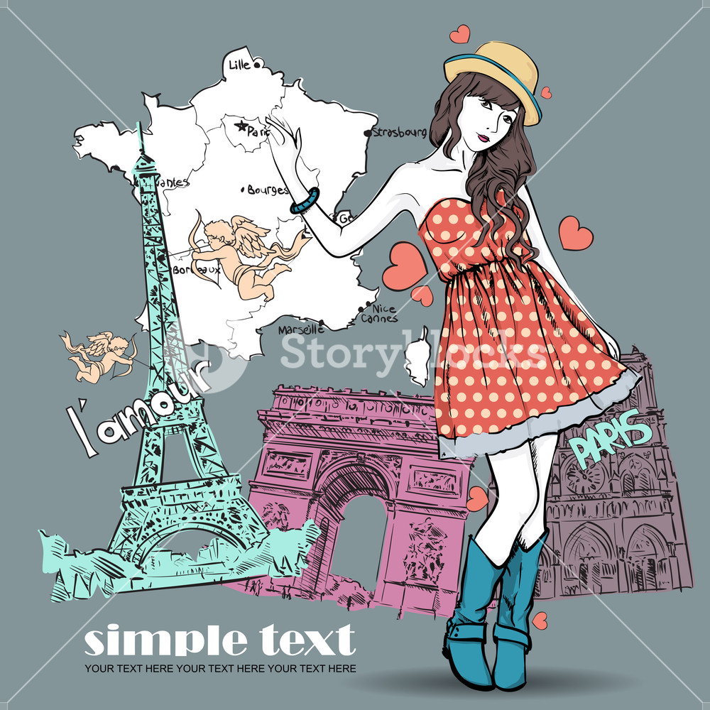 1000x1000 Spring Girl With Hat On A French Background. Vector Illustration