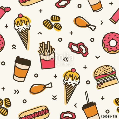 500x500 Modern Seamless Pattern With Fast Food. Colorful Backdrop With