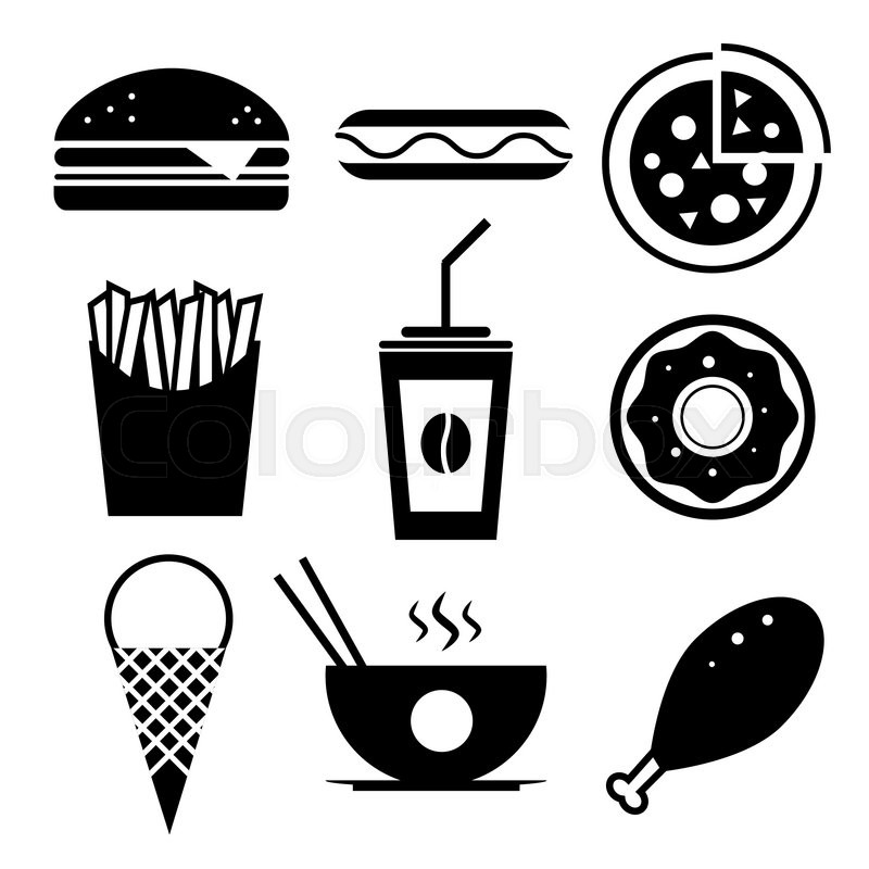 800x800 Fast Food Vector Icon Set. Burger, Ice Cream, Coffee, Chinese Food