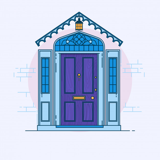 626x626 Blue Front Door On The Brick Wall With Lantern. Vector Building