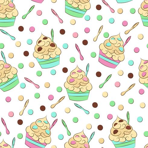 490x490 Cute Seamless Frozen Yogurt Pattern. Sweet Cold Desserts Vector