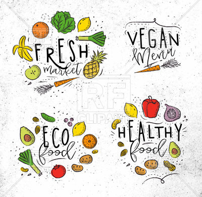 400x390 Labels In Eco Style Decorated By Fruits And Vegetables Vector