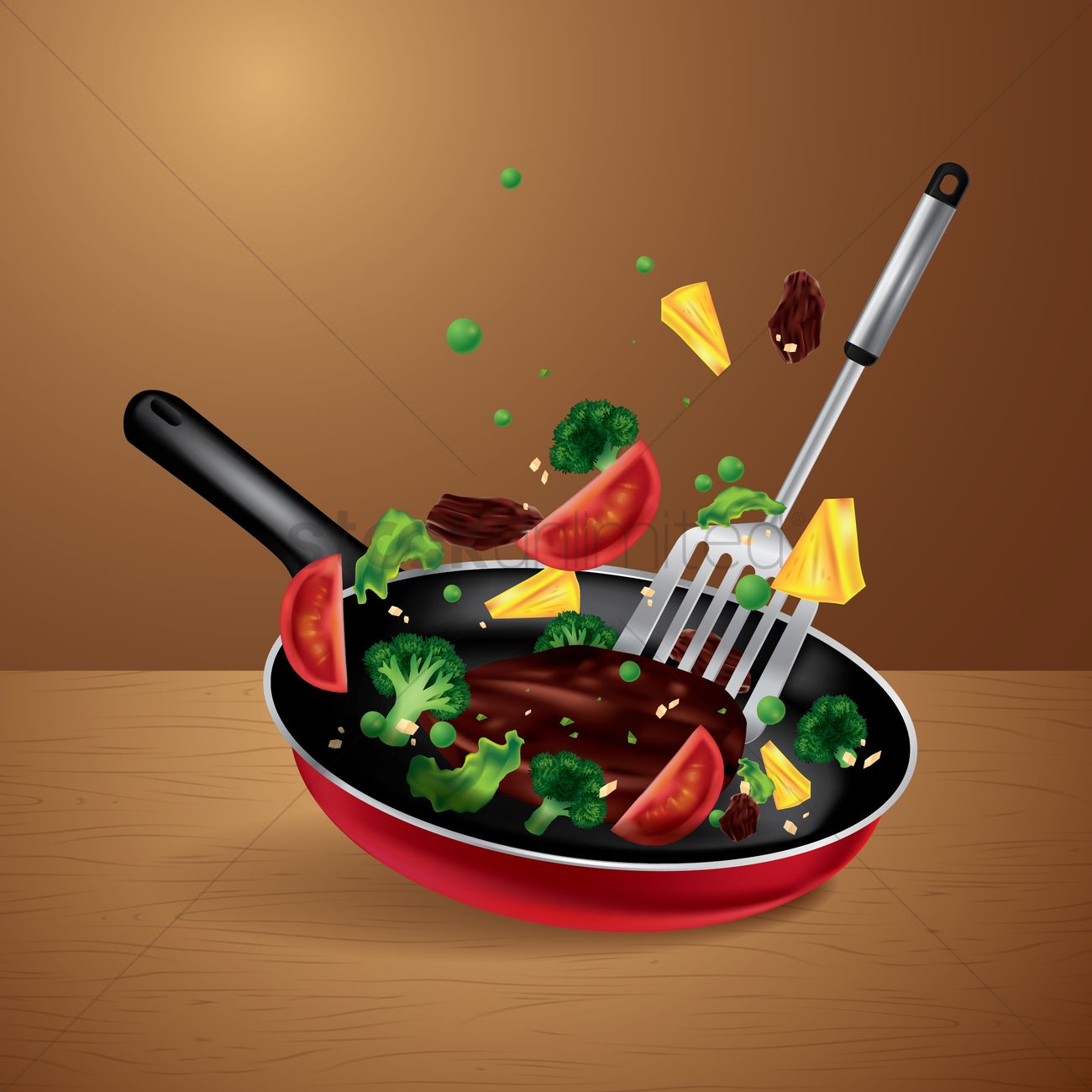 1300x1300 Cooking Vegetable And Meat On A Frying Pan Vector Image