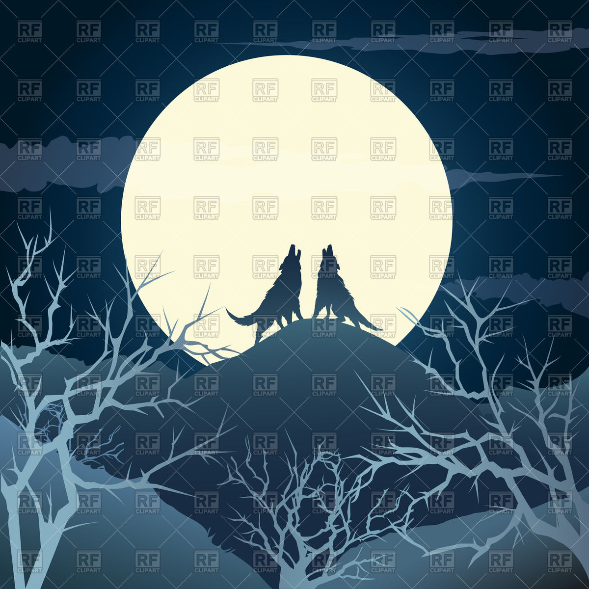 1200x1200 The Howling Wolves On A Hill Against Full Moon Vector Image