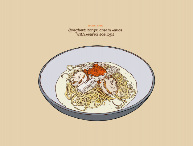 626x475 Spaghetti Tonyu Cream Sauce With Seared Scallops Vector Premium