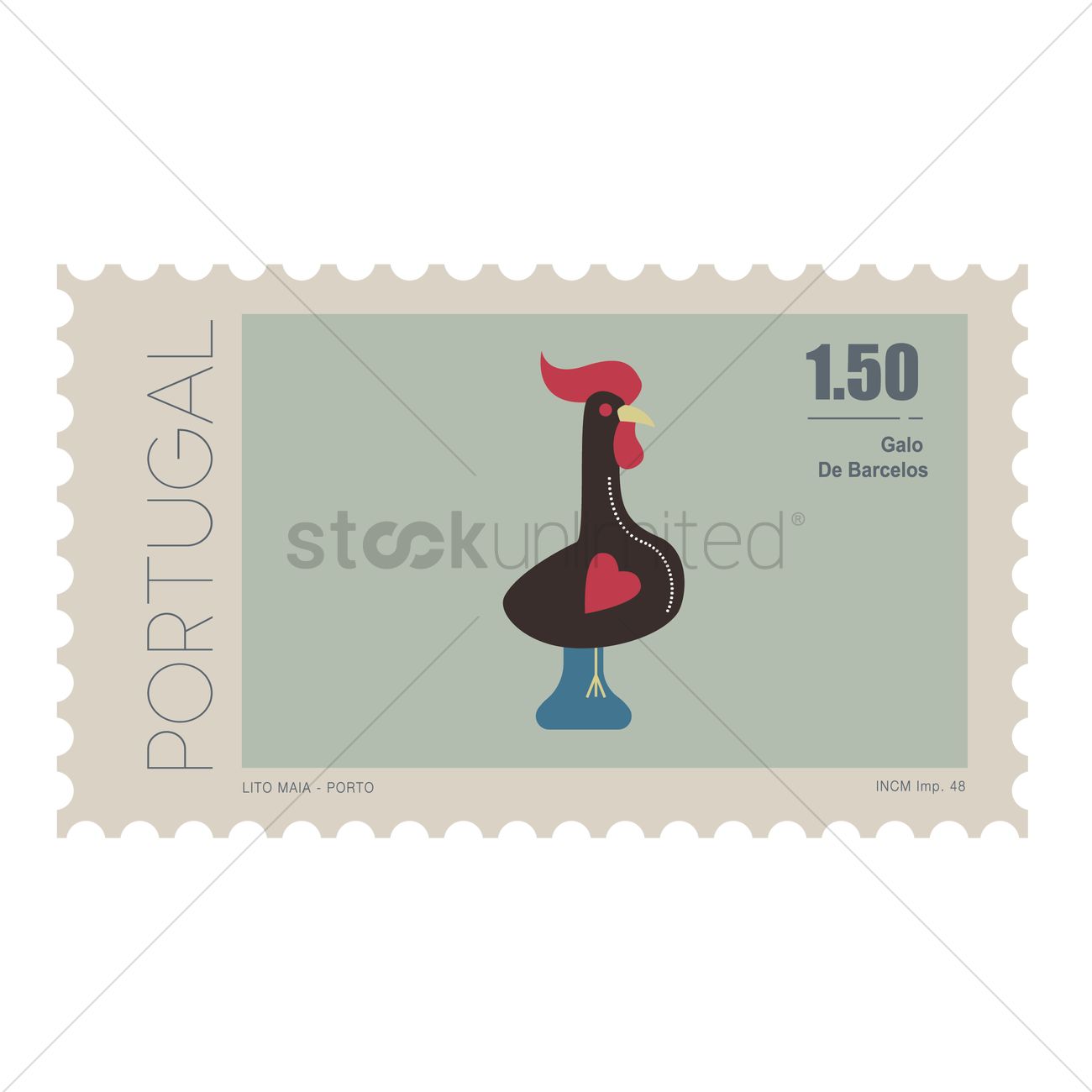 1300x1300 Galo De Barcelos Postage Stamp Vector Image