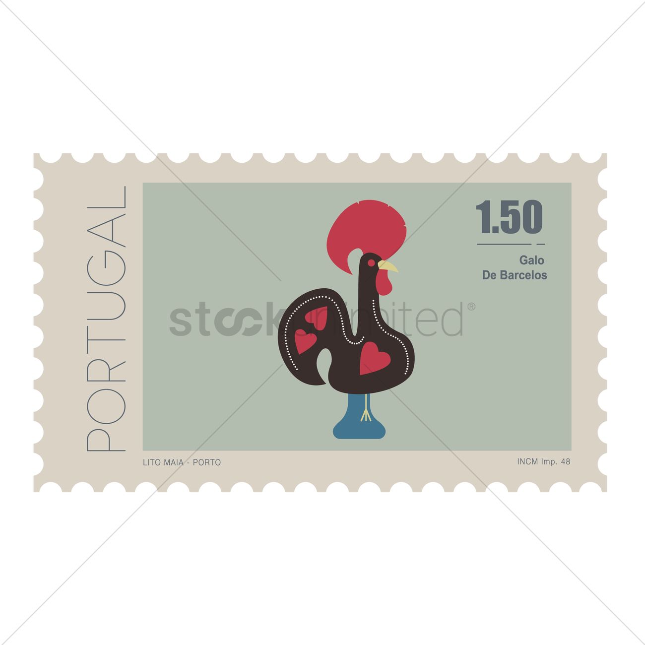 1300x1300 Galo De Barcelos Postage Stamp Vector Image