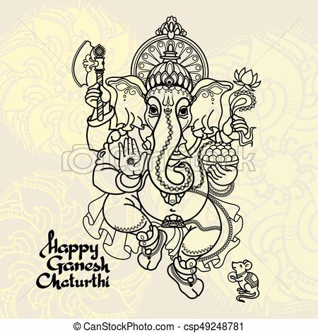 450x470 Hindu God Ganesha. Hand Drawn Vector Illustration. Black Line On