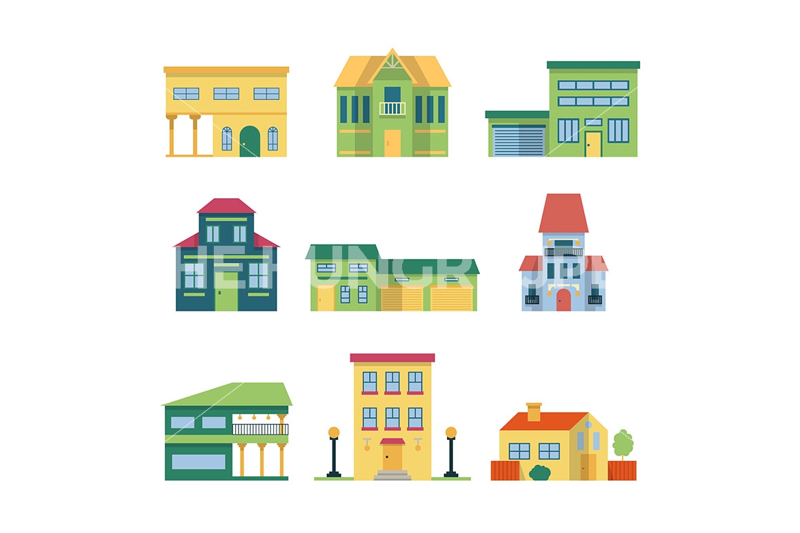 1160x772 Modern Houses With Garden And Garage. Vector Architecture