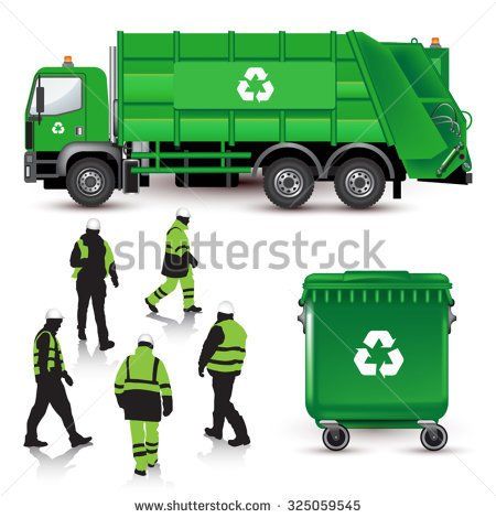 450x470 Garbage Truck, Dumpster And Workers Isolated On White. Vector