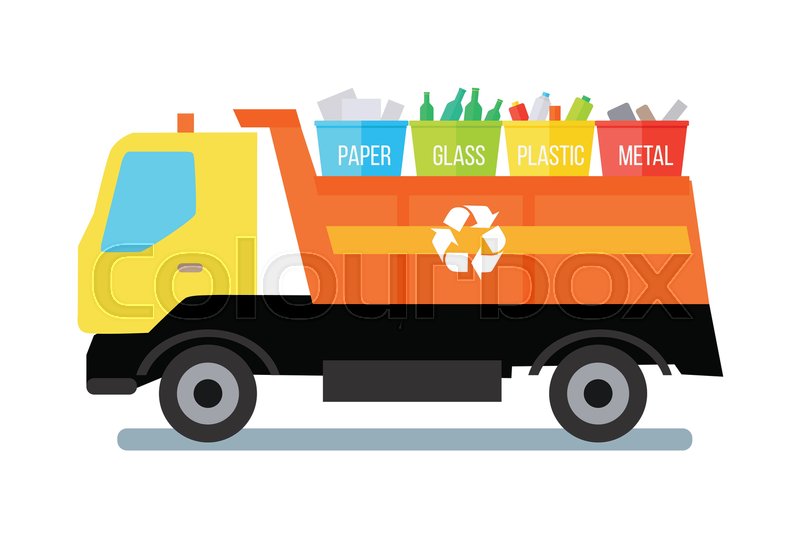 800x559 Garbage Truck Transporting Colored Recycle Waste Bins With Paper