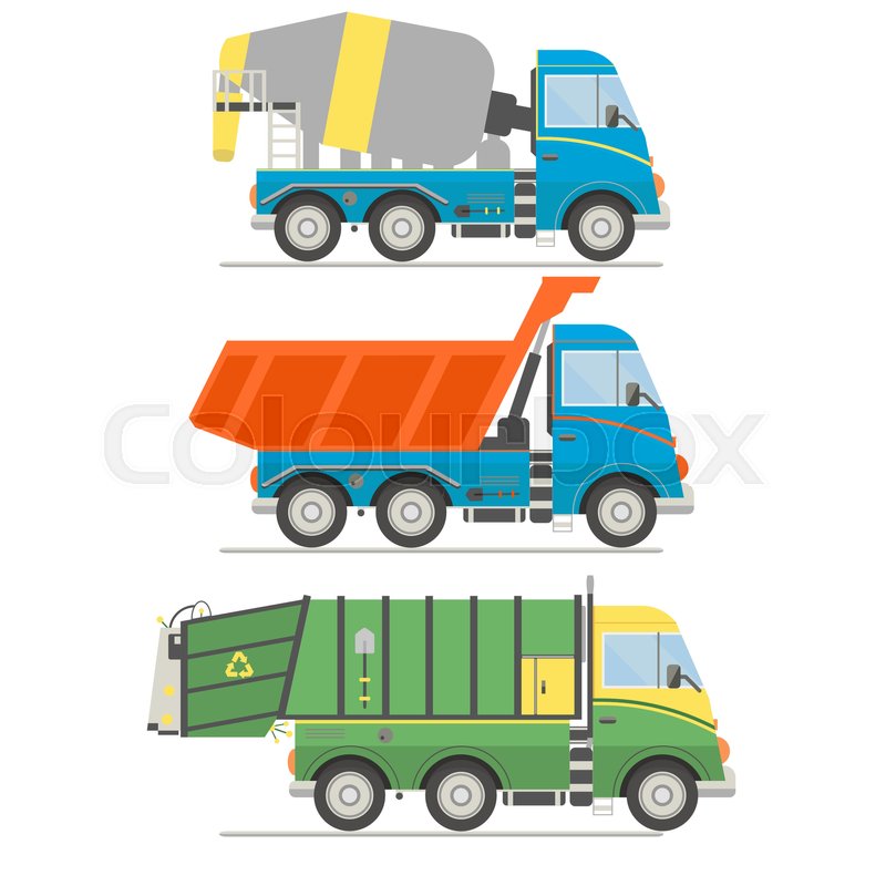 800x800 Cartoon Transport Set. Mixer Truck, Dump Truck, Garbage Truck