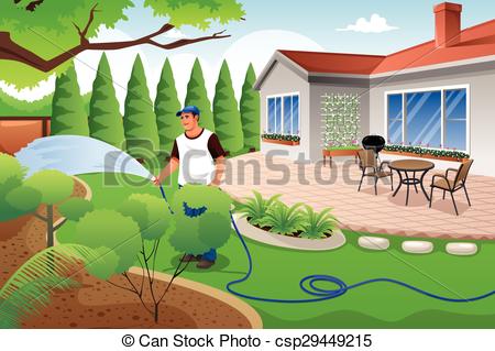 450x319 Man Watering His Grass And Garden. A Vector Illustration Of Man