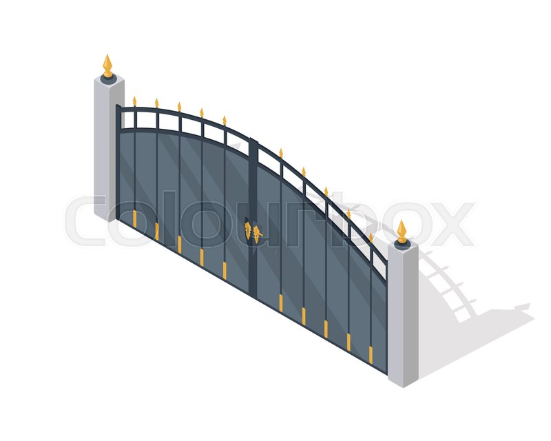 800x640 Metal Gate Vector Icon. Black Steel Car Entry With Gold Forged