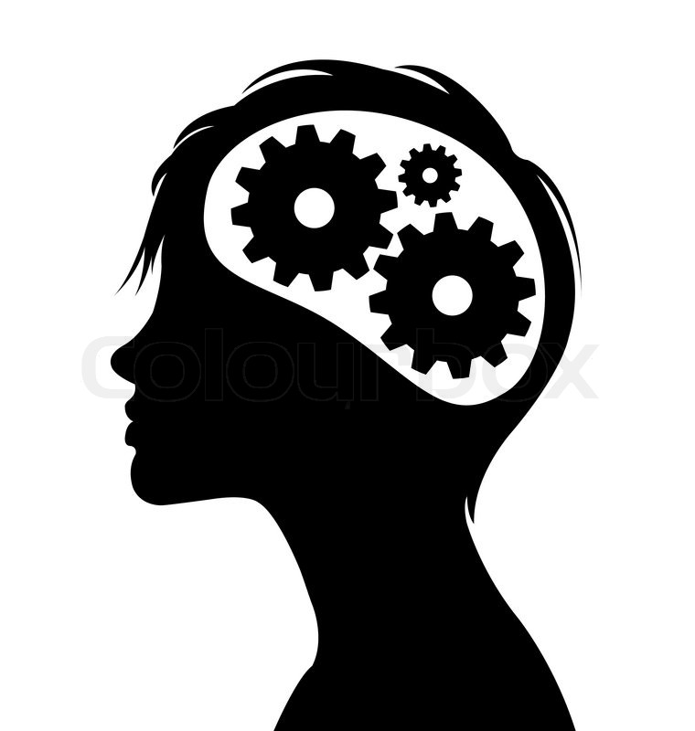 760x800 Woman Silhouette With Thinking Brain Gears In Her Head Stock