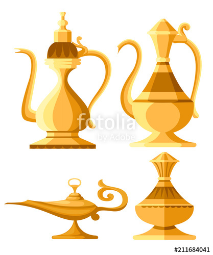 417x500 Set Of Arabic Jug And Oil Lamp Illustration. Aladdin Magic Or