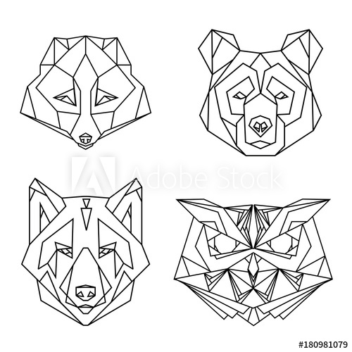 500x500 Geometric Set Of Four Vector Animal Heads Fox, Bear, Wolf, Owl