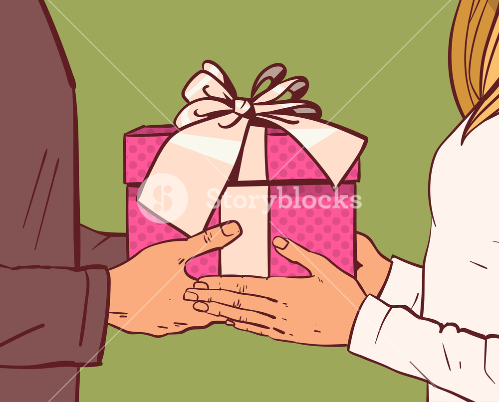 1000x806 Man Giving Present Or Gift Box To Woman Hands Closeup Vector