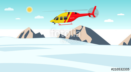 500x277 Helicopter Rescuer Patrols Over The Glacier. Vector Illustration