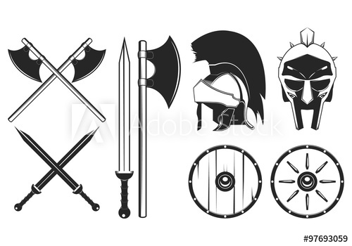 500x350 Gladiator Weapon Set. Axe, Sword, Shield, Helmet Vector
