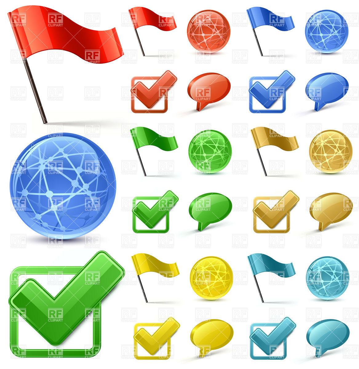 1167x1200 Glossy Check Mark, Globe And Flag Icons Vector Image Vector