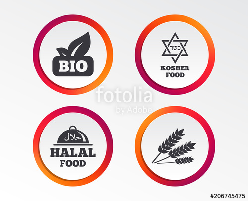 500x405 Natural Bio Food Icons. Halal And Kosher Signs. Gluten Free And