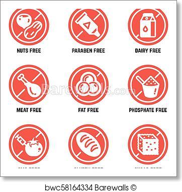 362x382 Art Print Of Food Dietary Symbols. Gmo Free, No Gluten, Sugarless