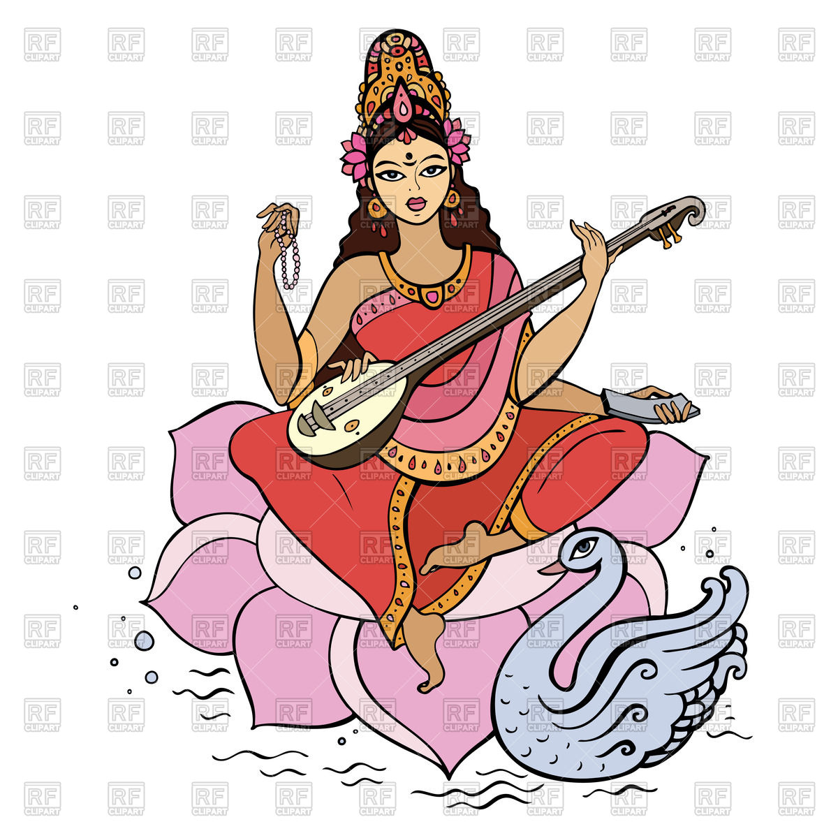 1200x1200 Hindu Goddess Saraswati On Lotus Flower With Swan Vector Image