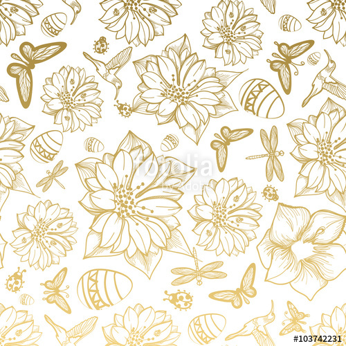 500x500 Seamless Pattern Flowers, Egg, Butterflies, Hummingbirds, Gold
