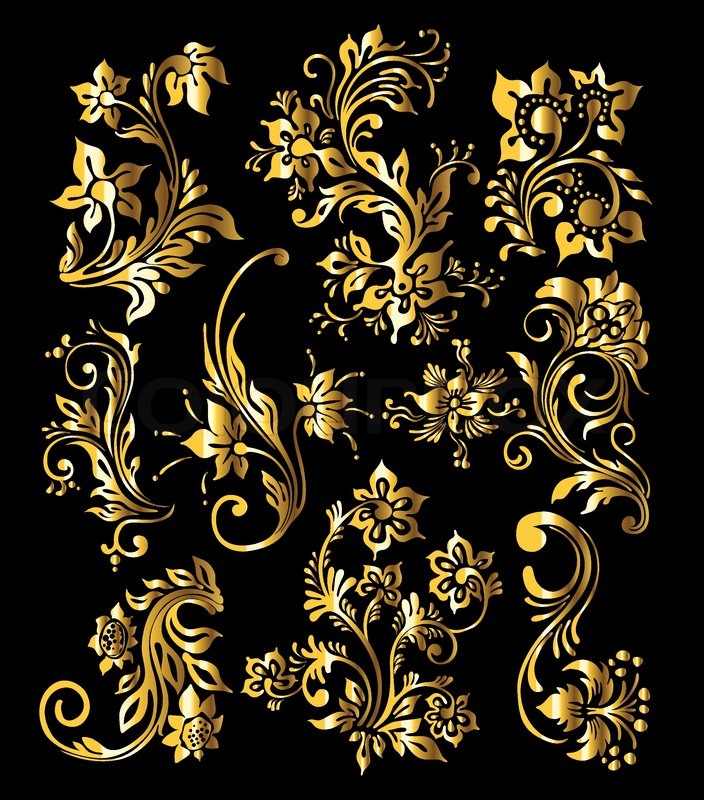 704x800 Floral Ornament Set Of Vintage Golden Decoration Elements Stock