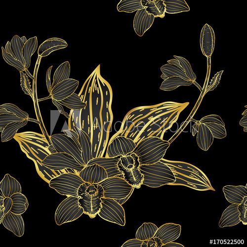 500x500 Cymbidium Orchids Pattern By Hand Drawing.gold Flower Vector On