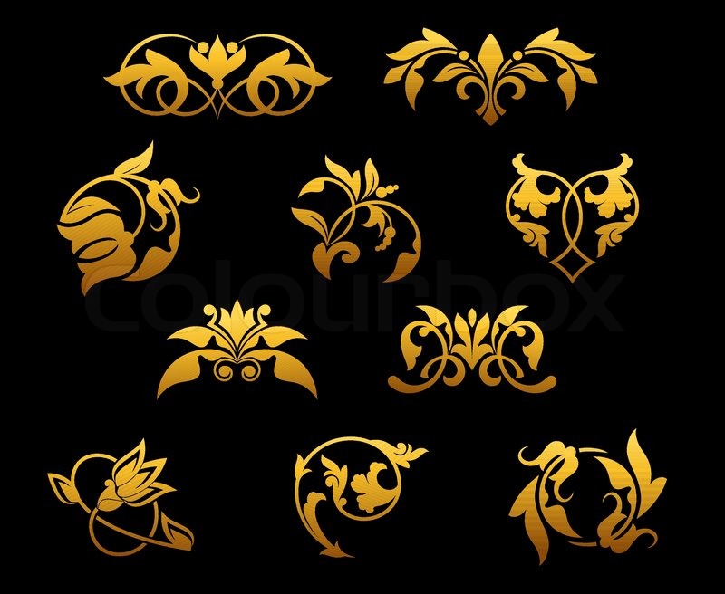 800x656 Vintage Golden Flowers Set For Ornate And Decorations Stock