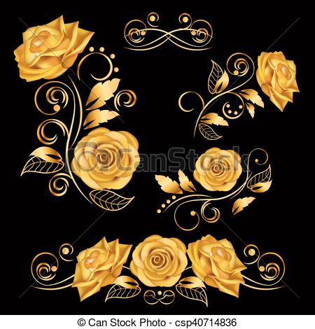 450x470 Flowers.vector Illustration With Gold Roses. Decorative, Ornate