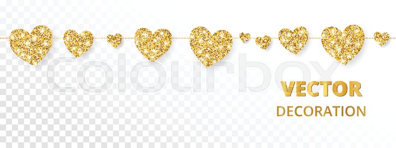 800x300 Golden Hearts Garland, Seamless Border. Vector Glitter Isolated On