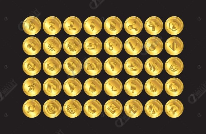 666x433 Set Of 40 Premium Cryptocurrency Gold Vector Coins Graphic Wallet