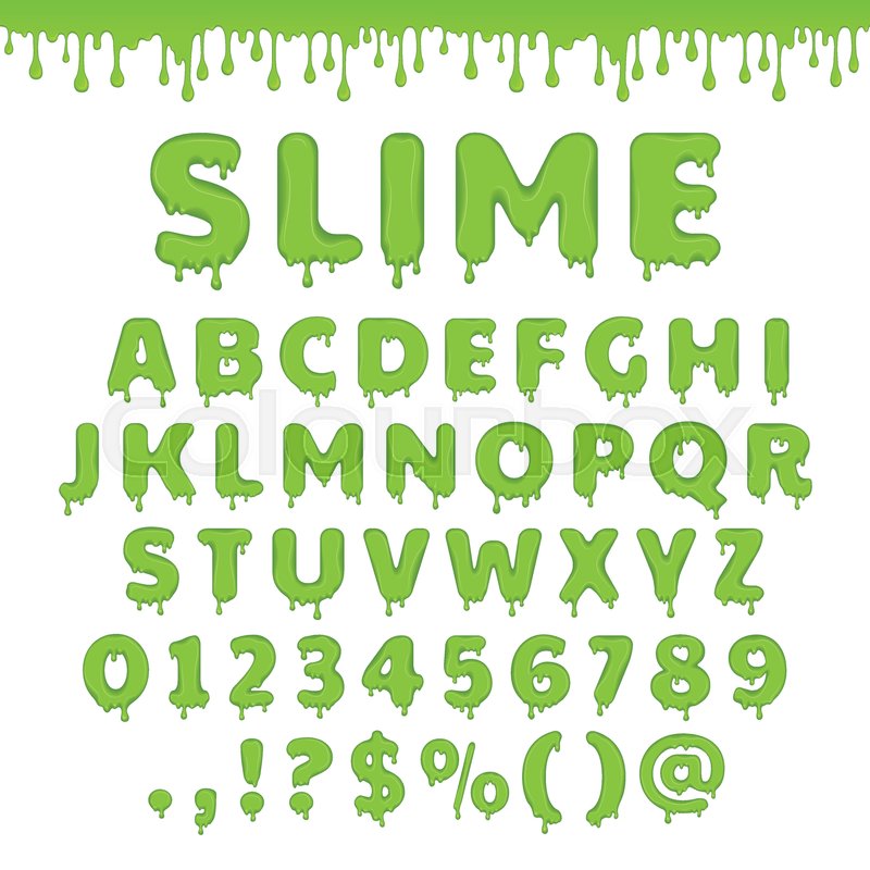 800x800 Green Slime Font. Alphabet With Flow Drops And Goo Splash. Vector